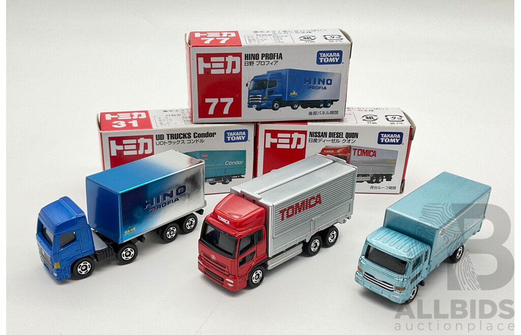 Boxed Takara Tomy Diecast Trucks Including Nissan Diesel Quon 31, UD Trucks Condor 31, Hino Profia 77