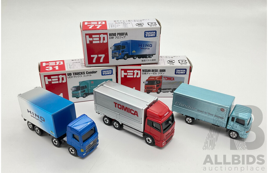 Boxed Takara Tomy Diecast Trucks Including Nissan Diesel Quon 31, UD Trucks Condor 31, Hino Profia 77