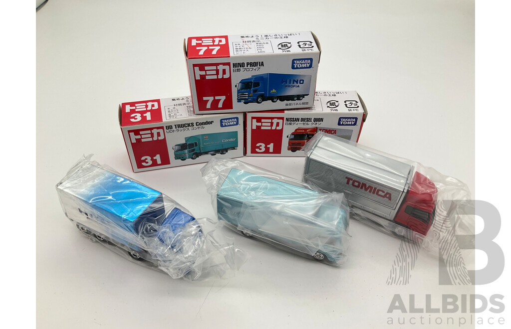 Boxed Takara Tomy Diecast Trucks Including Nissan Diesel Quon 31, UD Trucks Condor 31, Hino Profia 77