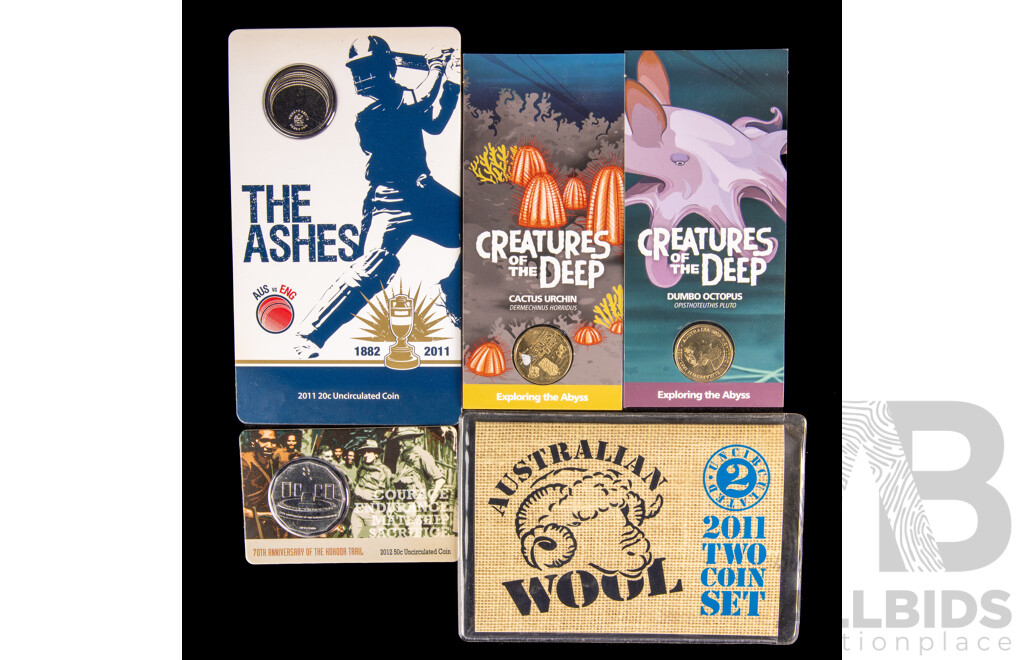 Australian RAM 2011 Australian Wool Two Coin Set, Commemorative Twenty Cent the Ashes, 2012 Fifty Cent 70th Anniversary of the Kokoda Trail, 2023 One Dollar Coins, Creatures of the Deep Dumbo Octopus and Cactus Urchin