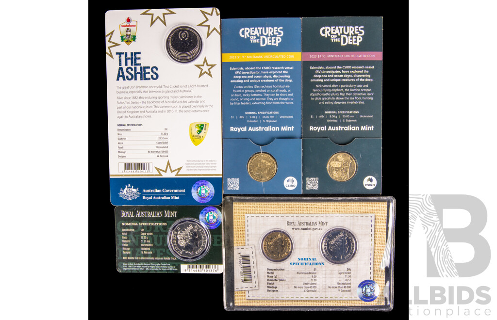 Australian RAM 2011 Australian Wool Two Coin Set, Commemorative Twenty Cent the Ashes, 2012 Fifty Cent 70th Anniversary of the Kokoda Trail, 2023 One Dollar Coins, Creatures of the Deep Dumbo Octopus and Cactus Urchin