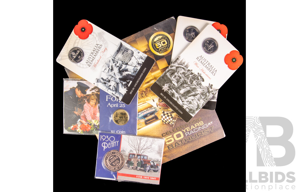 Australian 2012 Fifty Years Racing at Bathurst Stamp Set, Three RAM 2011 Twenty Cent Coins, Australia Remembers War Historians(2) Merchant Navy, 2011 One Dollar Coin, Lest We Forget, 2015 Proof 1930 Penny