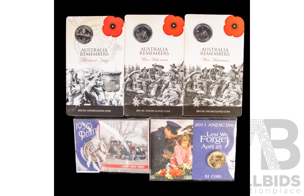 Australian 2012 Fifty Years Racing at Bathurst Stamp Set, Three RAM 2011 Twenty Cent Coins, Australia Remembers War Historians(2) Merchant Navy, 2011 One Dollar Coin, Lest We Forget, 2015 Proof 1930 Penny