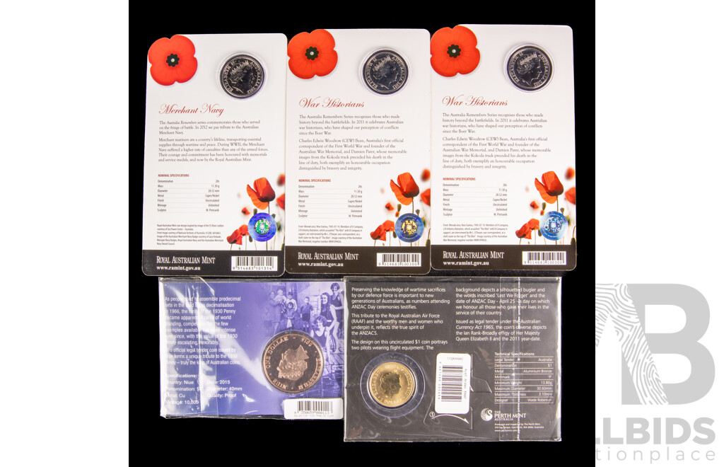 Australian 2012 Fifty Years Racing at Bathurst Stamp Set, Three RAM 2011 Twenty Cent Coins, Australia Remembers War Historians(2) Merchant Navy, 2011 One Dollar Coin, Lest We Forget, 2015 Proof 1930 Penny