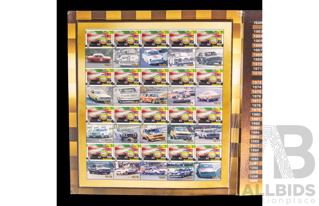 Australian 2012 Fifty Years Racing at Bathurst Stamp Set, Three RAM 2011 Twenty Cent Coins, Australia Remembers War Historians(2) Merchant Navy, 2011 One Dollar Coin, Lest We Forget, 2015 Proof 1930 Penny