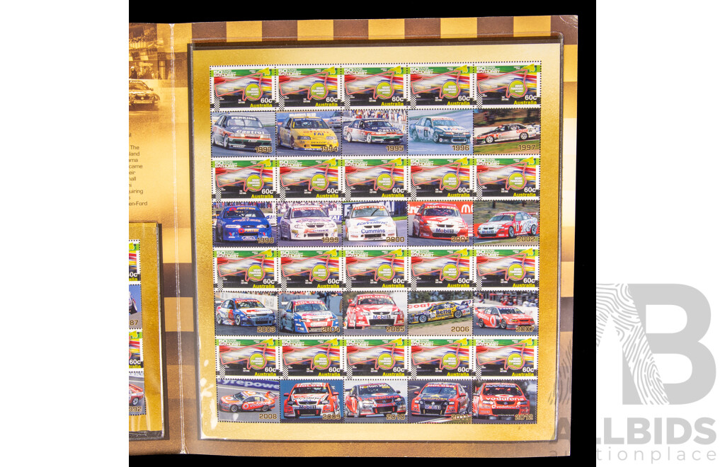 Australian 2012 Fifty Years Racing at Bathurst Stamp Set, Three RAM 2011 Twenty Cent Coins, Australia Remembers War Historians(2) Merchant Navy, 2011 One Dollar Coin, Lest We Forget, 2015 Proof 1930 Penny