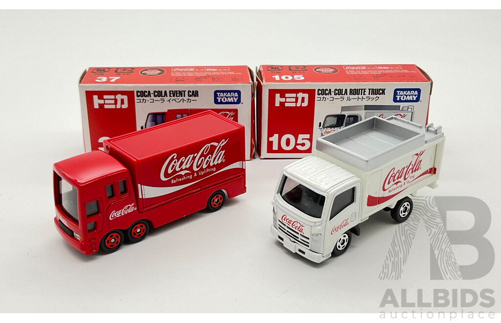 Boxed Takara Tomy Diecast Coca Cola Trucks Including Route Truck 105 and Event Car 37