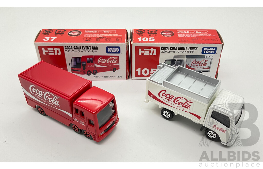 Boxed Takara Tomy Diecast Coca Cola Trucks Including Route Truck 105 and Event Car 37