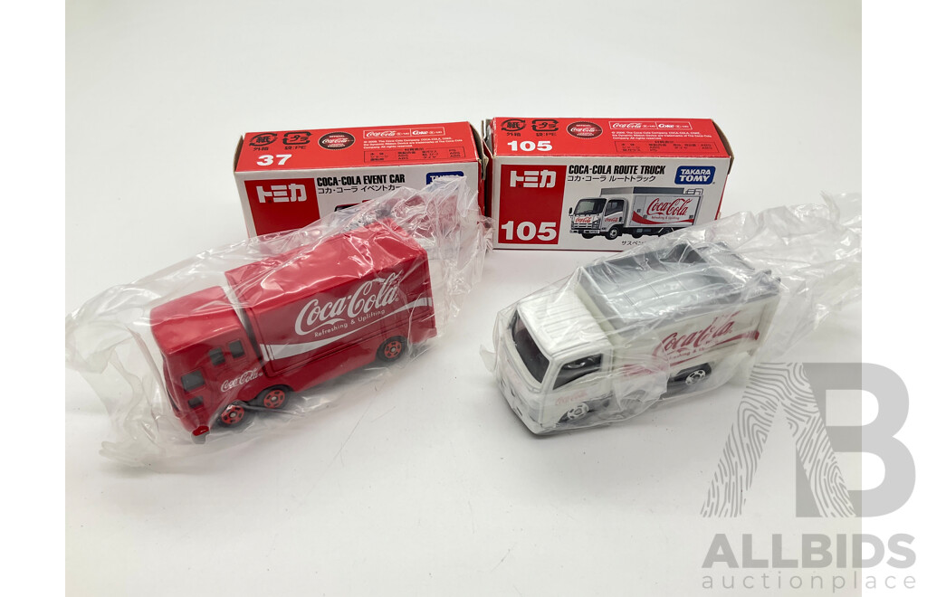 Boxed Takara Tomy Diecast Coca Cola Trucks Including Route Truck 105 and Event Car 37