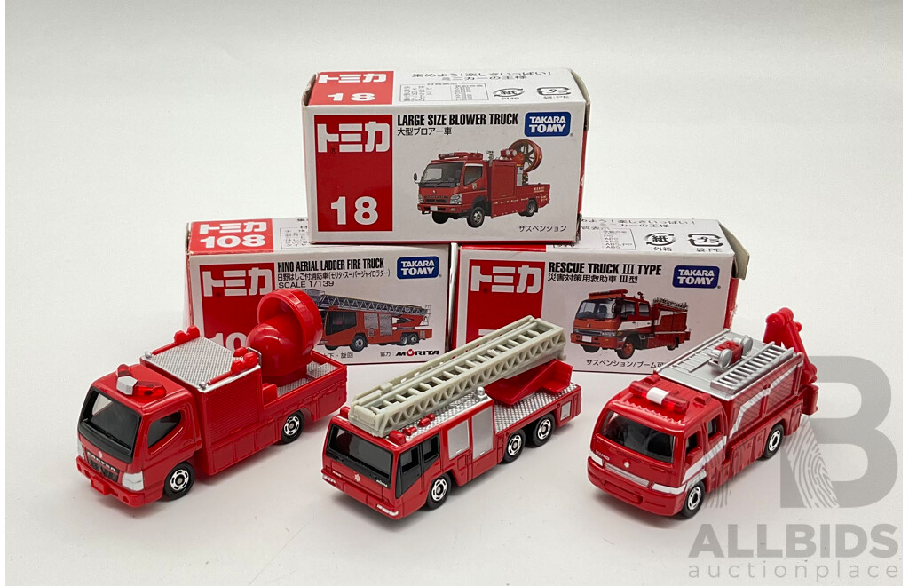 Boxed Takara Tomy Diecast Trucks Including Large Size Blower Truck 18, Hino Aerial Ladder Fire Truck 108, Rescue Truck III Type