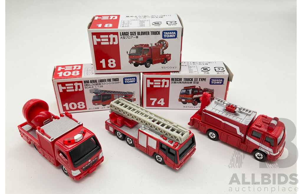 Boxed Takara Tomy Diecast Trucks Including Large Size Blower Truck 18, Hino Aerial Ladder Fire Truck 108, Rescue Truck III Type