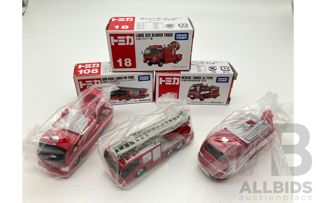 Boxed Takara Tomy Diecast Trucks Including Large Size Blower Truck 18, Hino Aerial Ladder Fire Truck 108, Rescue Truck III Type