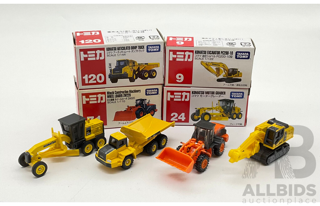 Boxed Takara Tomy Diecast Industrial Vehicles Including Hitachi Construction Machinery Wheel Loader ZW220 71, Komatsu Motor Grader 24, Komatsu Excavator PC200-10 9, Komatsu Articulated Dump Truck