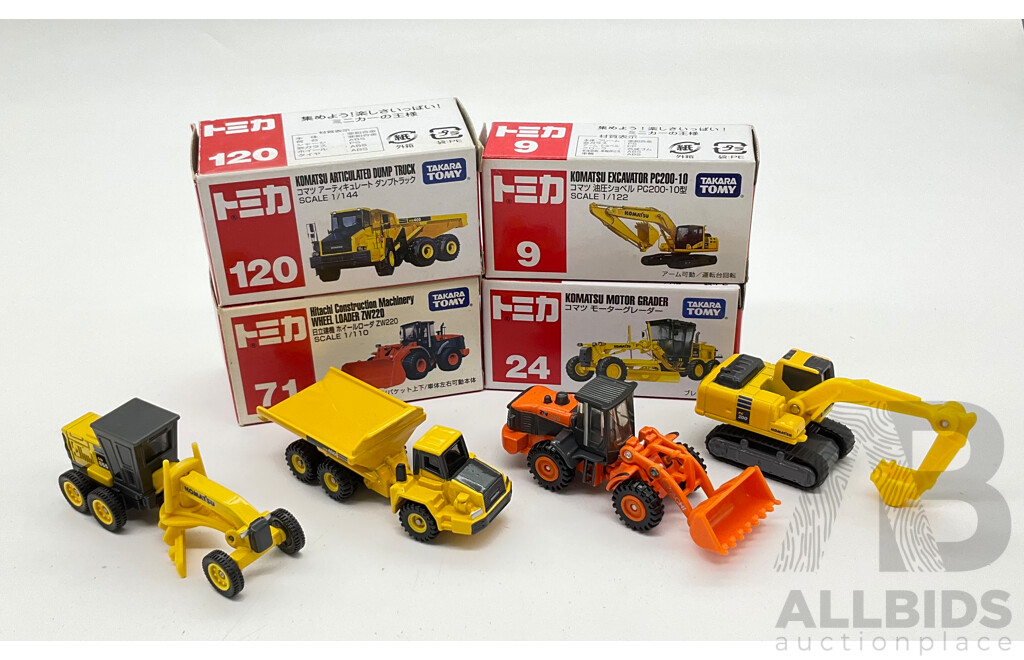 Boxed Takara Tomy Diecast Industrial Vehicles Including Hitachi Construction Machinery Wheel Loader ZW220 71, Komatsu Motor Grader 24, Komatsu Excavator PC200-10 9, Komatsu Articulated Dump Truck