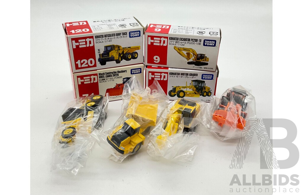 Boxed Takara Tomy Diecast Industrial Vehicles Including Hitachi Construction Machinery Wheel Loader ZW220 71, Komatsu Motor Grader 24, Komatsu Excavator PC200-10 9, Komatsu Articulated Dump Truck