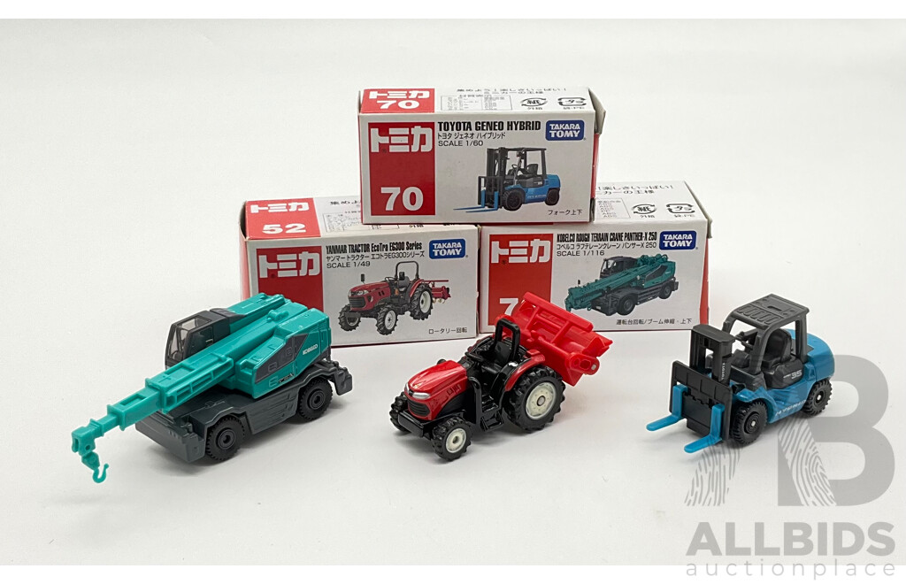 Boxed Takara Tomy Diecast Industrial Vehicles Including Toyota Geneo Hybrid 70, Kobelco Rough Terrain Crane Panther-X250 73, Yanmar Tractor EG300 52