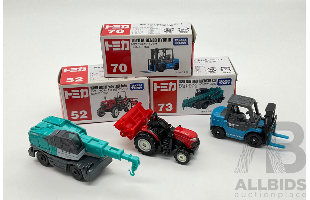 Boxed Takara Tomy Diecast Industrial Vehicles Including Toyota Geneo Hybrid 70, Kobelco Rough Terrain Crane Panther-X250 73, Yanmar Tractor EG300 52