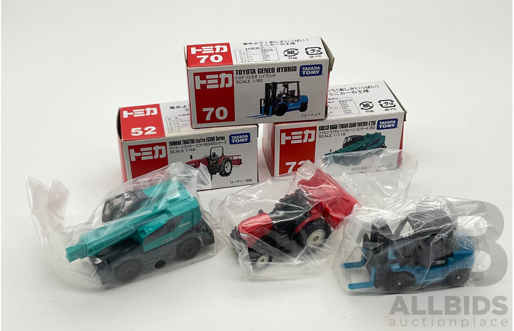 Boxed Takara Tomy Diecast Industrial Vehicles Including Toyota Geneo Hybrid 70, Kobelco Rough Terrain Crane Panther-X250 73, Yanmar Tractor EG300 52