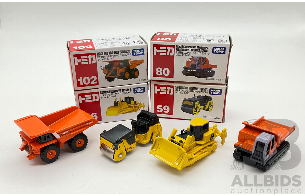 Boxed Takara Tomy Diecast Industrial Vehicles Including Hitachi Ridgid Dump Truck EH3500AC II 02, Komatsu Bulldozer D155AX-6 56, Hitachi Rubber Crawler Carrier EG11OR 80, Sakai Vibratory Tandem Roller SW502-1 59