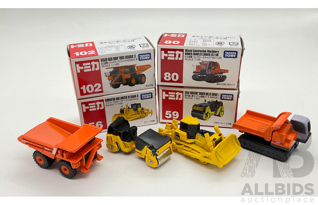 Boxed Takara Tomy Diecast Industrial Vehicles Including Hitachi Ridgid Dump Truck EH3500AC II 02, Komatsu Bulldozer D155AX-6 56, Hitachi Rubber Crawler Carrier EG11OR 80, Sakai Vibratory Tandem Roller SW502-1 59