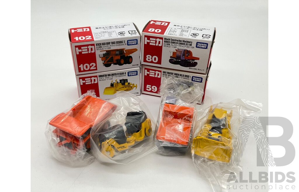 Boxed Takara Tomy Diecast Industrial Vehicles Including Hitachi Ridgid Dump Truck EH3500AC II 02, Komatsu Bulldozer D155AX-6 56, Hitachi Rubber Crawler Carrier EG11OR 80, Sakai Vibratory Tandem Roller SW502-1 59