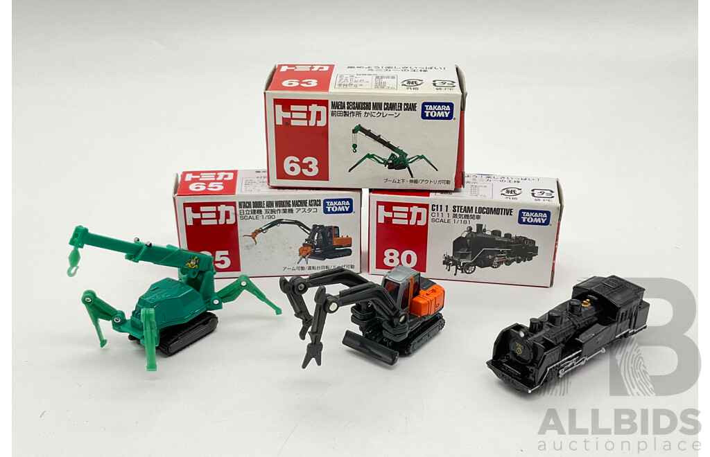 Boxed Takara Tomy Diecast Industrial Vehicles Including Steam Locomotive 80, Maeda Seisakusho Mini Crawler Crane 63, Hitachi Double Arm Working Machine Astaco 65