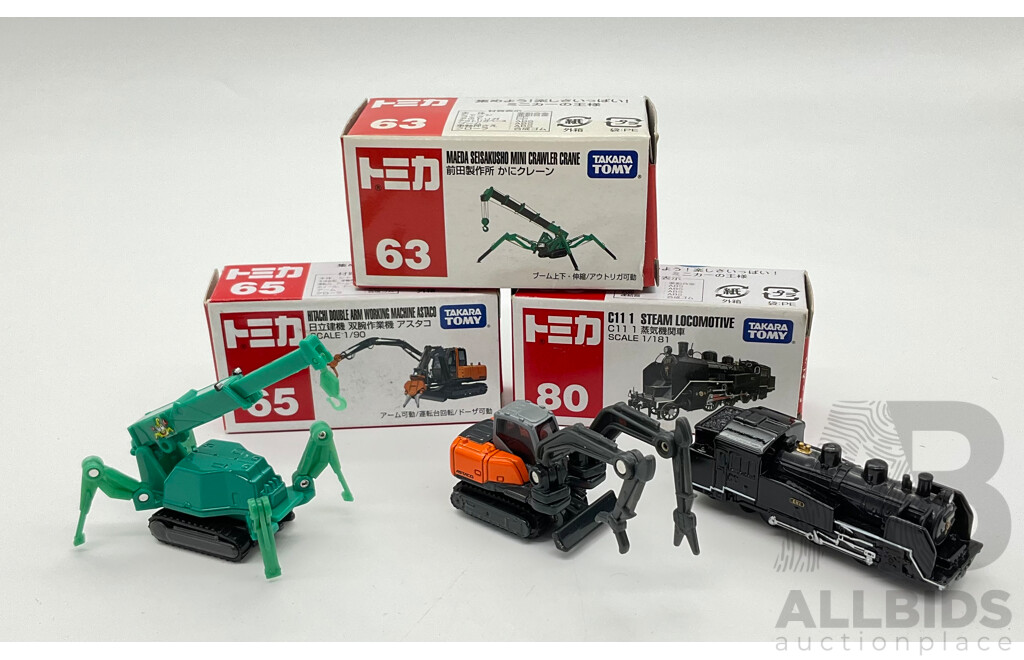 Boxed Takara Tomy Diecast Industrial Vehicles Including Steam Locomotive 80, Maeda Seisakusho Mini Crawler Crane 63, Hitachi Double Arm Working Machine Astaco 65