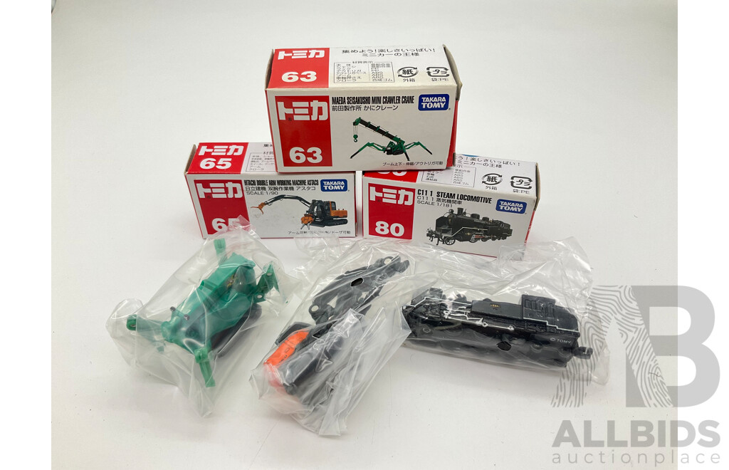 Boxed Takara Tomy Diecast Industrial Vehicles Including Steam Locomotive 80, Maeda Seisakusho Mini Crawler Crane 63, Hitachi Double Arm Working Machine Astaco 65