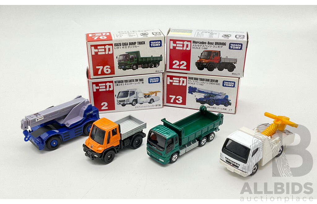 Boxed Takara Tomy Diecast Industrial Vehicles Including Mercedes-Benz Unimog 22, Mitsubishi Fuso Canter Tow Truck 2, Isuzu Giga Dump Truck 76, Tadano Rough Terrain Crane CREVO 600 73