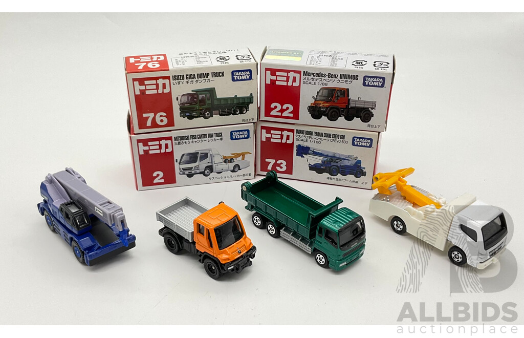 Boxed Takara Tomy Diecast Industrial Vehicles Including Mercedes-Benz Unimog 22, Mitsubishi Fuso Canter Tow Truck 2, Isuzu Giga Dump Truck 76, Tadano Rough Terrain Crane CREVO 600 73