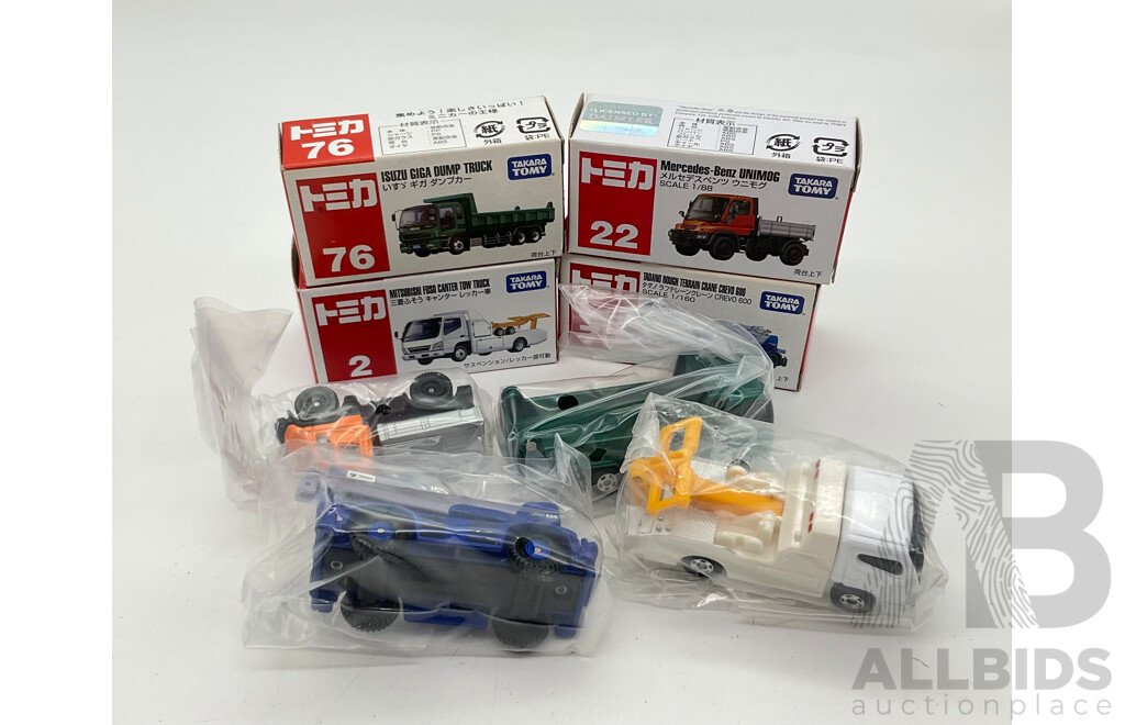 Boxed Takara Tomy Diecast Industrial Vehicles Including Mercedes-Benz Unimog 22, Mitsubishi Fuso Canter Tow Truck 2, Isuzu Giga Dump Truck 76, Tadano Rough Terrain Crane CREVO 600 73