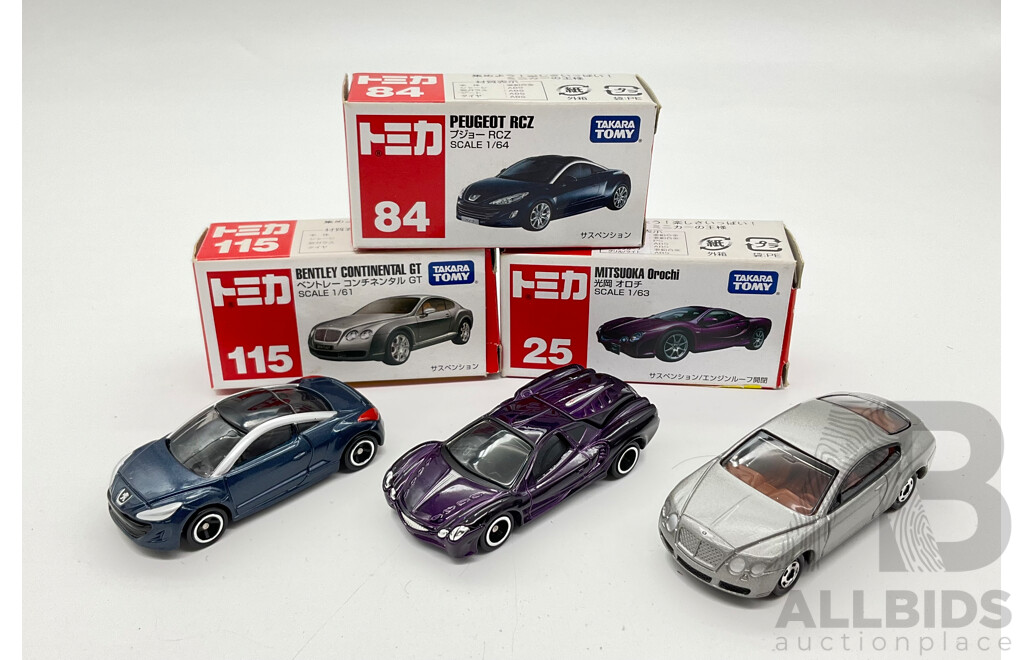 Boxed Takara Tomy Diecast Sports Vehicles Including Bentley Continential GT 115, Peugeot RCZ 84, Mitsuoka Orochi 25