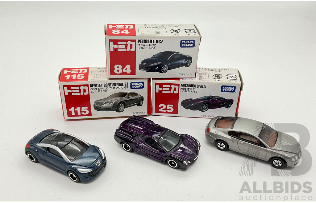 Boxed Takara Tomy Diecast Sports Vehicles Including Bentley Continential GT 115, Peugeot RCZ 84, Mitsuoka Orochi 25