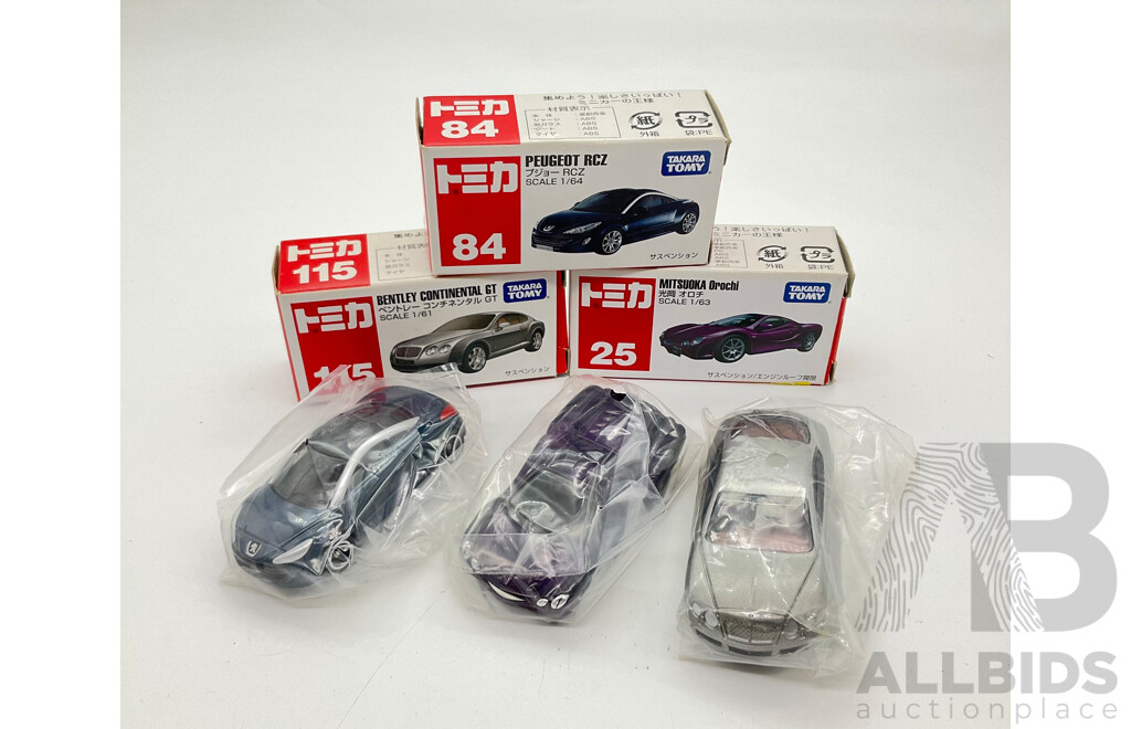 Boxed Takara Tomy Diecast Sports Vehicles Including Bentley Continential GT 115, Peugeot RCZ 84, Mitsuoka Orochi 25