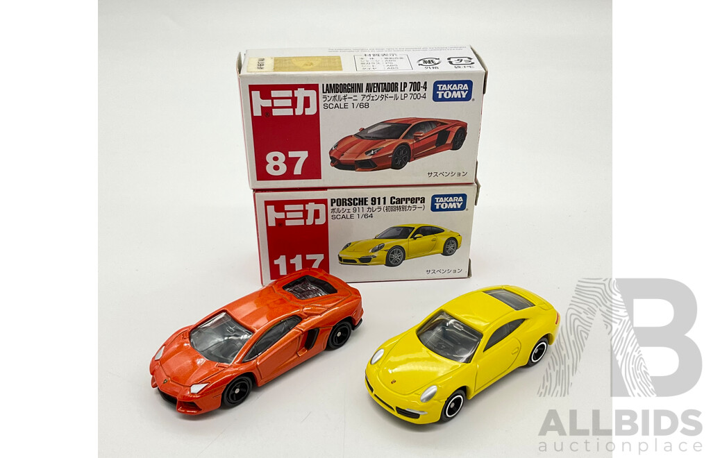 Boxed Takara Tomy Diecast Sports Vehicles Including Porsche 911 Carrera 117 and Lamborghini Aventador LP 700 87