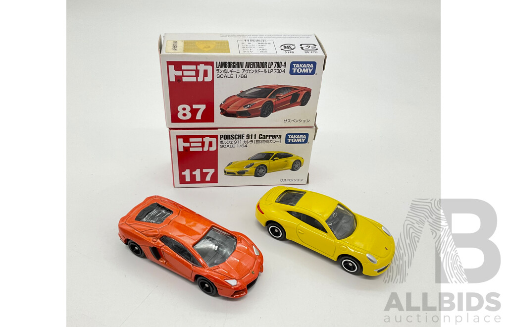 Boxed Takara Tomy Diecast Sports Vehicles Including Porsche 911 Carrera 117 and Lamborghini Aventador LP 700 87