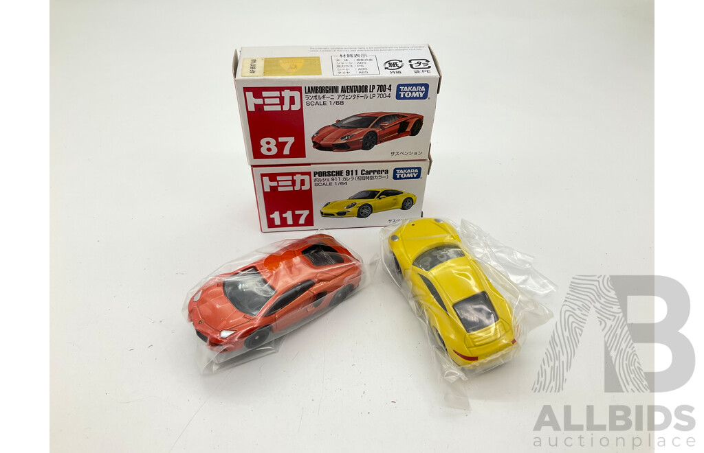 Boxed Takara Tomy Diecast Sports Vehicles Including Porsche 911 Carrera 117 and Lamborghini Aventador LP 700 87