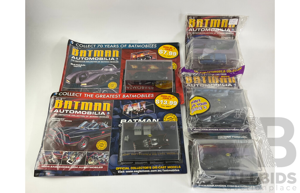 Batman Automobilia Cars and Booklets in Sealed Bags, Numbers 1, 2, 3, 4, 5