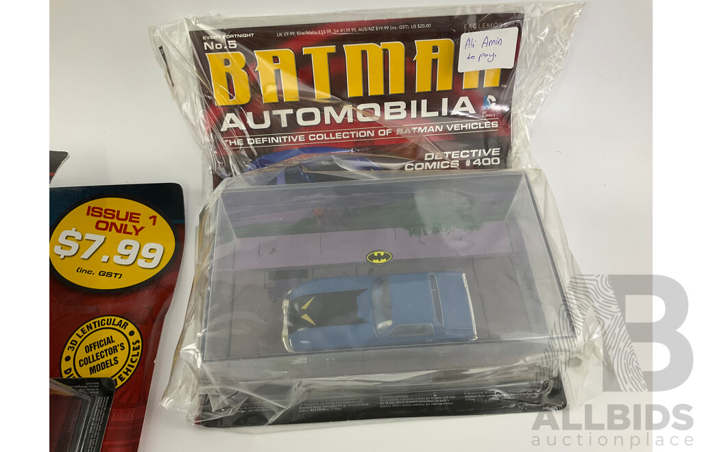 Batman Automobilia Cars and Booklets in Sealed Bags, Numbers 1, 2, 3, 4, 5