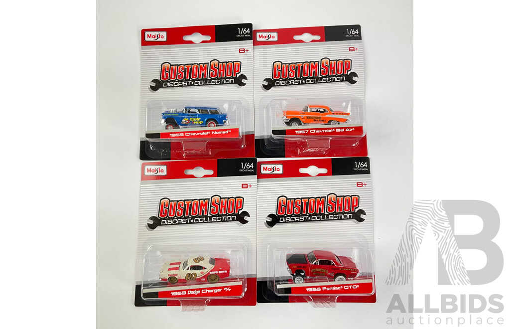 Four Maisto Diecast Custom Shop Vehicles Including 1965 Pontiac GTO, 1957 Chevrolet Bel Air, 1969 Dodge Charger R/T, 1955 Chevrolet Nomad - 1:64 Scale