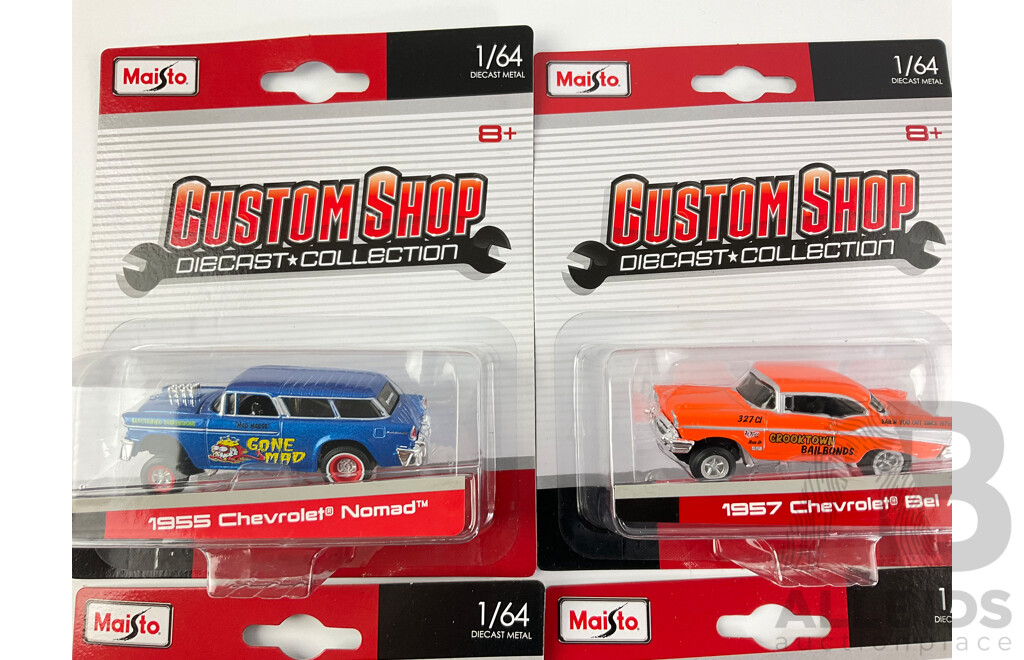 Four Maisto Diecast Custom Shop Vehicles Including 1965 Pontiac GTO, 1957 Chevrolet Bel Air, 1969 Dodge Charger R/T, 1955 Chevrolet Nomad - 1:64 Scale