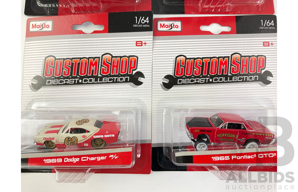 Four Maisto Diecast Custom Shop Vehicles Including 1965 Pontiac GTO, 1957 Chevrolet Bel Air, 1969 Dodge Charger R/T, 1955 Chevrolet Nomad - 1:64 Scale