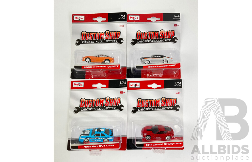 Four Maisto Diecast Custom Shop Vehicles Including 2014 Corvette Stingray Coupe, 1993 Ford SVT Cobra, 1969 Oldsmobile 442, 2008 Dodge Viper SRT 10  - 1:64 Scale