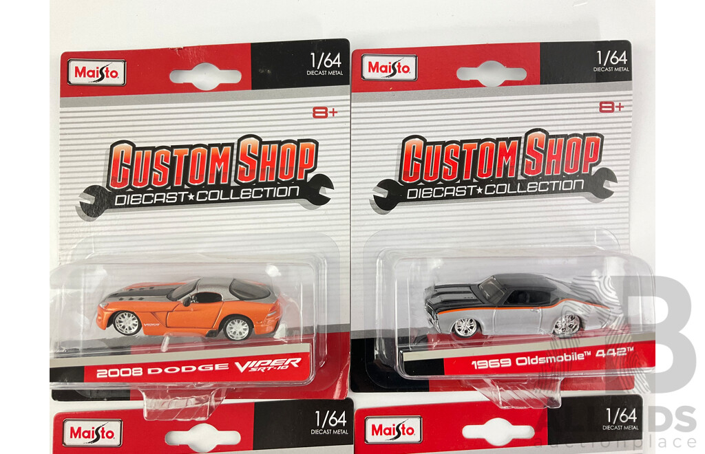 Four Maisto Diecast Custom Shop Vehicles Including 2014 Corvette Stingray Coupe, 1993 Ford SVT Cobra, 1969 Oldsmobile 442, 2008 Dodge Viper SRT 10  - 1:64 Scale