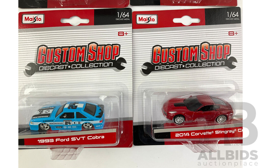 Four Maisto Diecast Custom Shop Vehicles Including 2014 Corvette Stingray Coupe, 1993 Ford SVT Cobra, 1969 Oldsmobile 442, 2008 Dodge Viper SRT 10  - 1:64 Scale