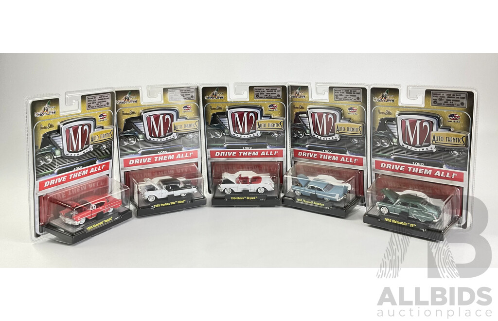 Castline Diecast  M2 Machines Auto-Thentics Including 1950 Oldsmobile 88, 1958 Plymouth Belvedere, 1954 Buick Skylark, 1958 Chevrolet Impala, 1955 Pontiac Star Chief - 1:64 Scale