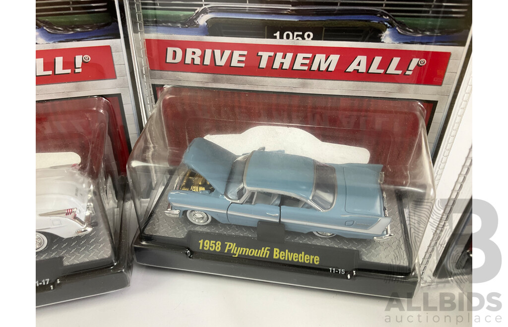 Castline Diecast  M2 Machines Auto-Thentics Including 1950 Oldsmobile 88, 1958 Plymouth Belvedere, 1954 Buick Skylark, 1958 Chevrolet Impala, 1955 Pontiac Star Chief - 1:64 Scale