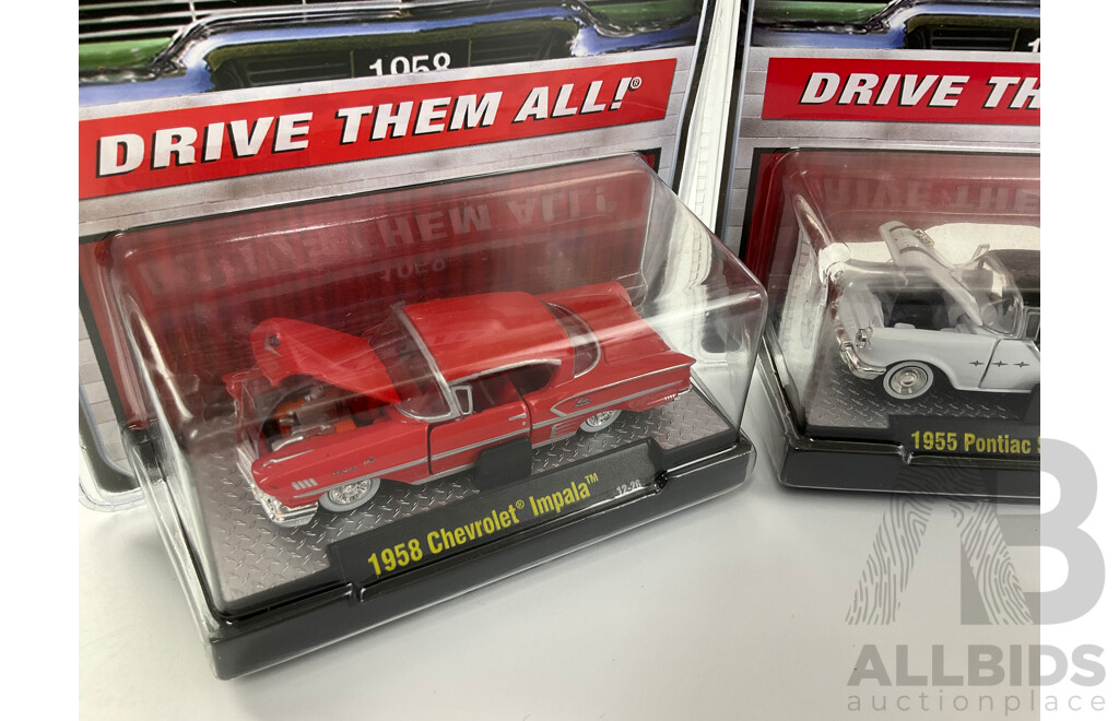 Castline Diecast  M2 Machines Auto-Thentics Including 1950 Oldsmobile 88, 1958 Plymouth Belvedere, 1954 Buick Skylark, 1958 Chevrolet Impala, 1955 Pontiac Star Chief - 1:64 Scale