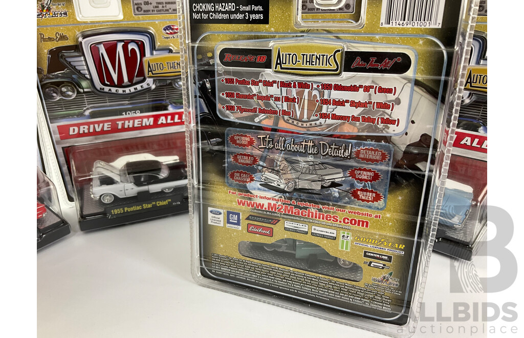 Castline Diecast  M2 Machines Auto-Thentics Including 1950 Oldsmobile 88, 1958 Plymouth Belvedere, 1954 Buick Skylark, 1958 Chevrolet Impala, 1955 Pontiac Star Chief - 1:64 Scale