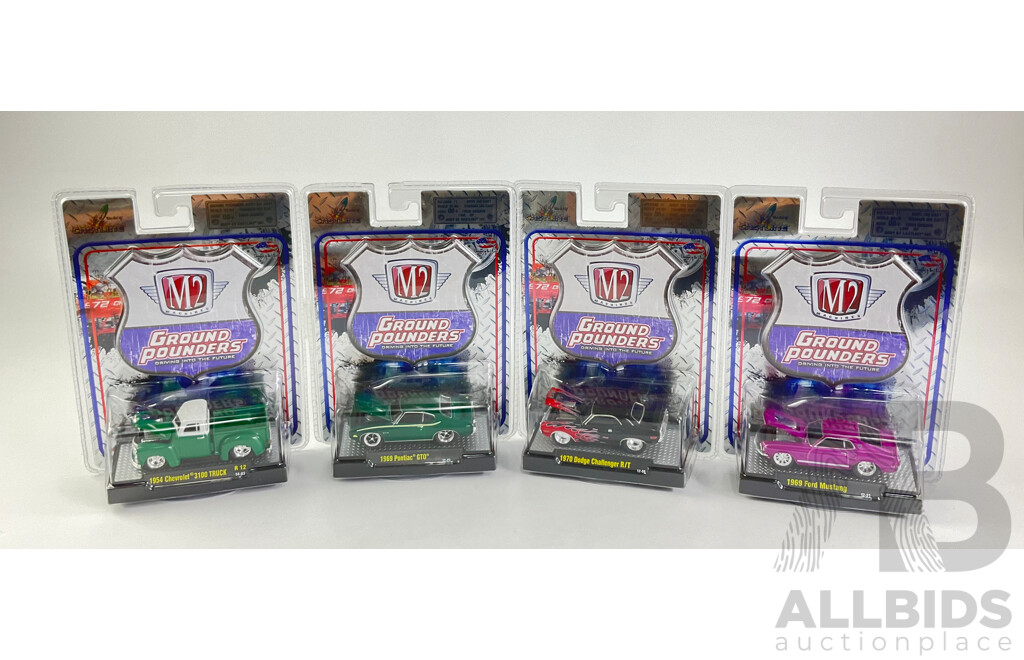 Castline Diecast M2 Machines Ground Pounders Including 1970 Dodge Challenger R/T, 1969 Pontiac GTO, 1954 Chevrolet 3100truck, 1969 Ford Mustang - 1:64 Scale